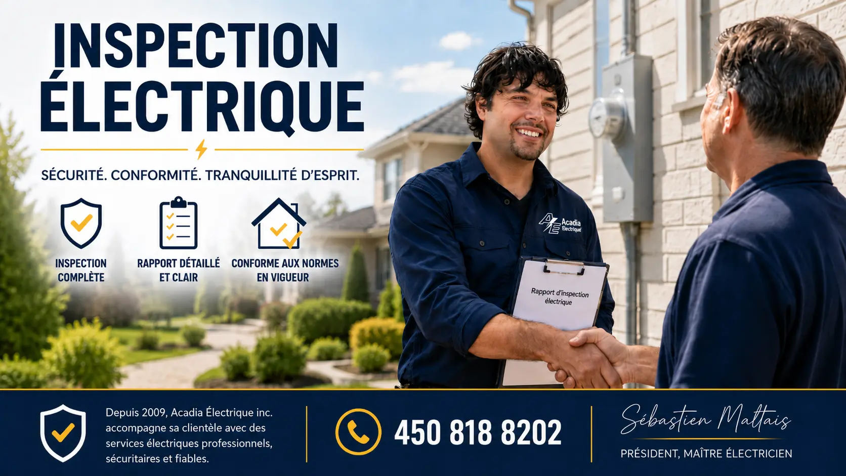 Inspection électrique, rapport d'inspection, certificat de conformité, Acadia Electrique inc